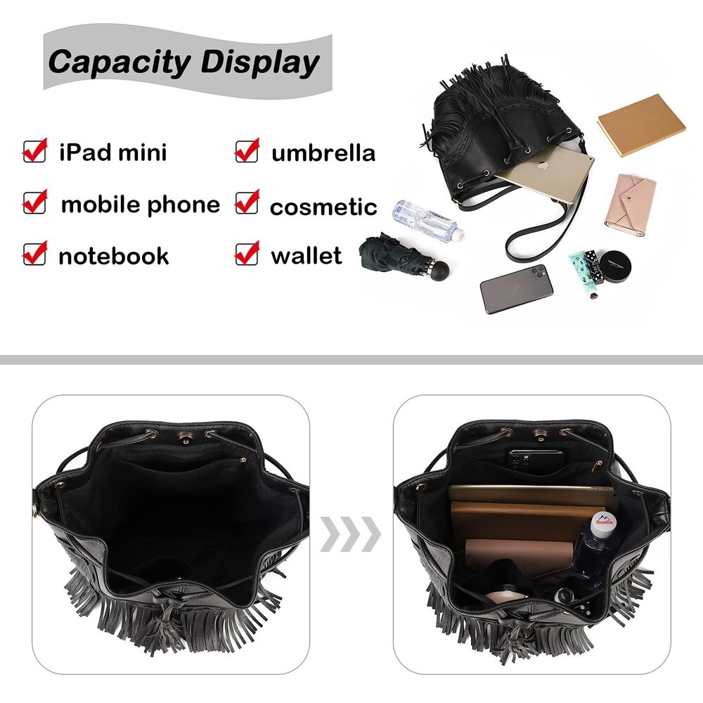 6916 Leather Bucket Bags Crossbody Fringe Purses with Drawstring Tassel - Picture 5 of 7